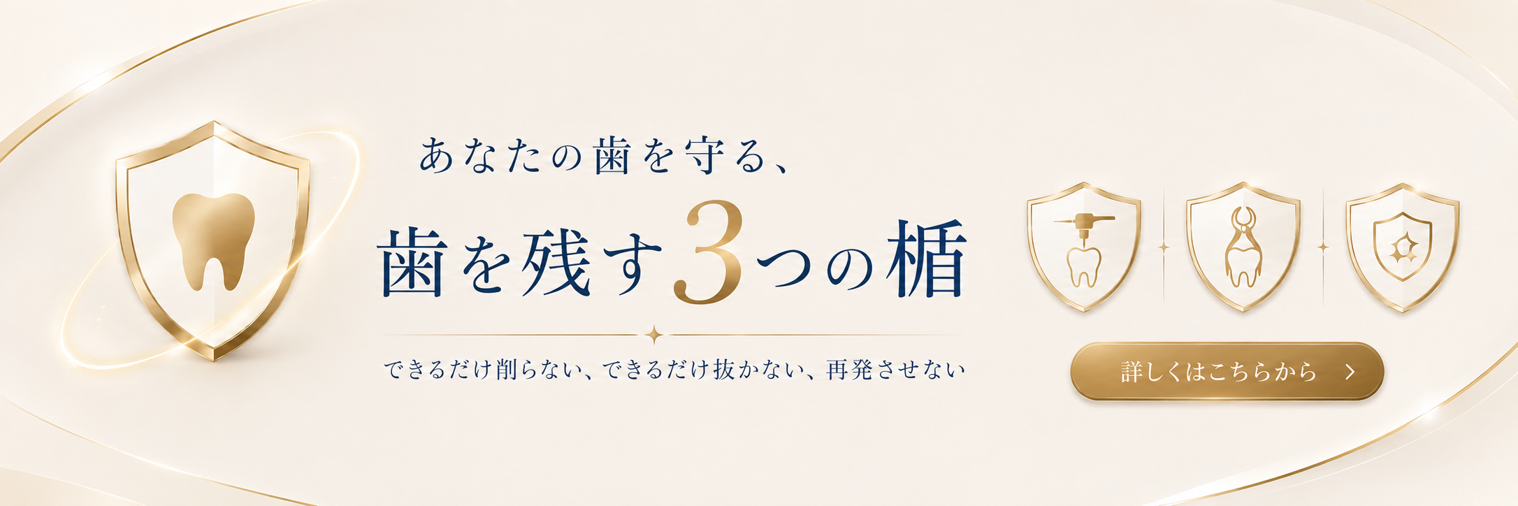 あなたの歯を守る、歯を残す3つの楯。できるだけ削らない、できるだけ抜かない、再発させない。詳しくはこちらから